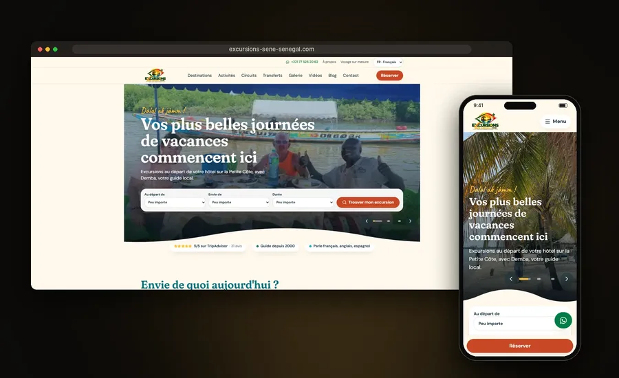 Site Excursions Sene Sénégal réalisé par Bug AHB, vue ordinateur et mobile