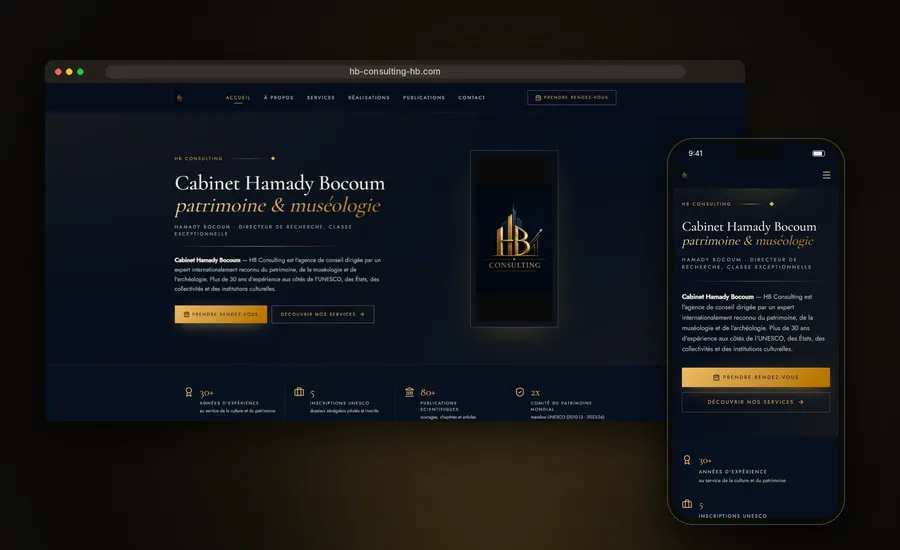 Site HB Consulting réalisé par Bug AHB, vue ordinateur et mobile