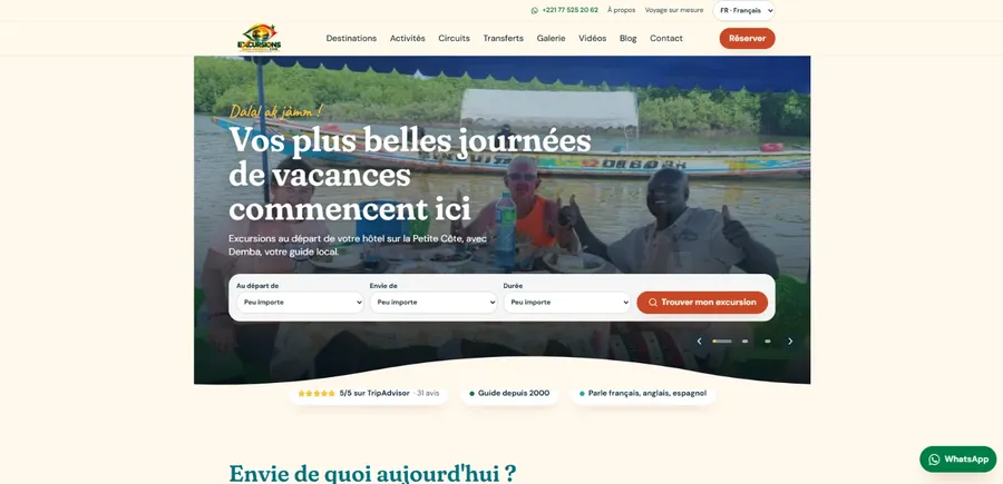 Site Excursions Sene Sénégal réalisé par Bug AHB, vue ordinateur