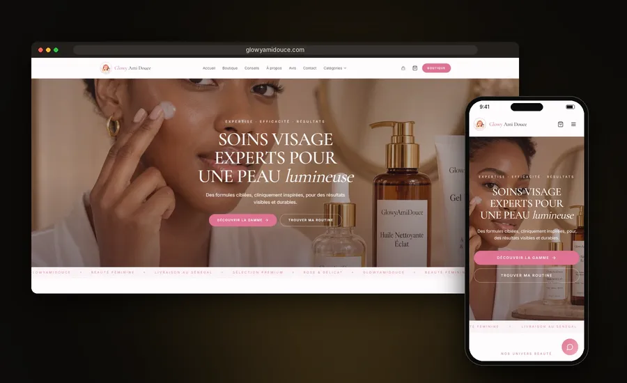 Site GlowyAmiDouce réalisé par Bug AHB, vue ordinateur et mobile