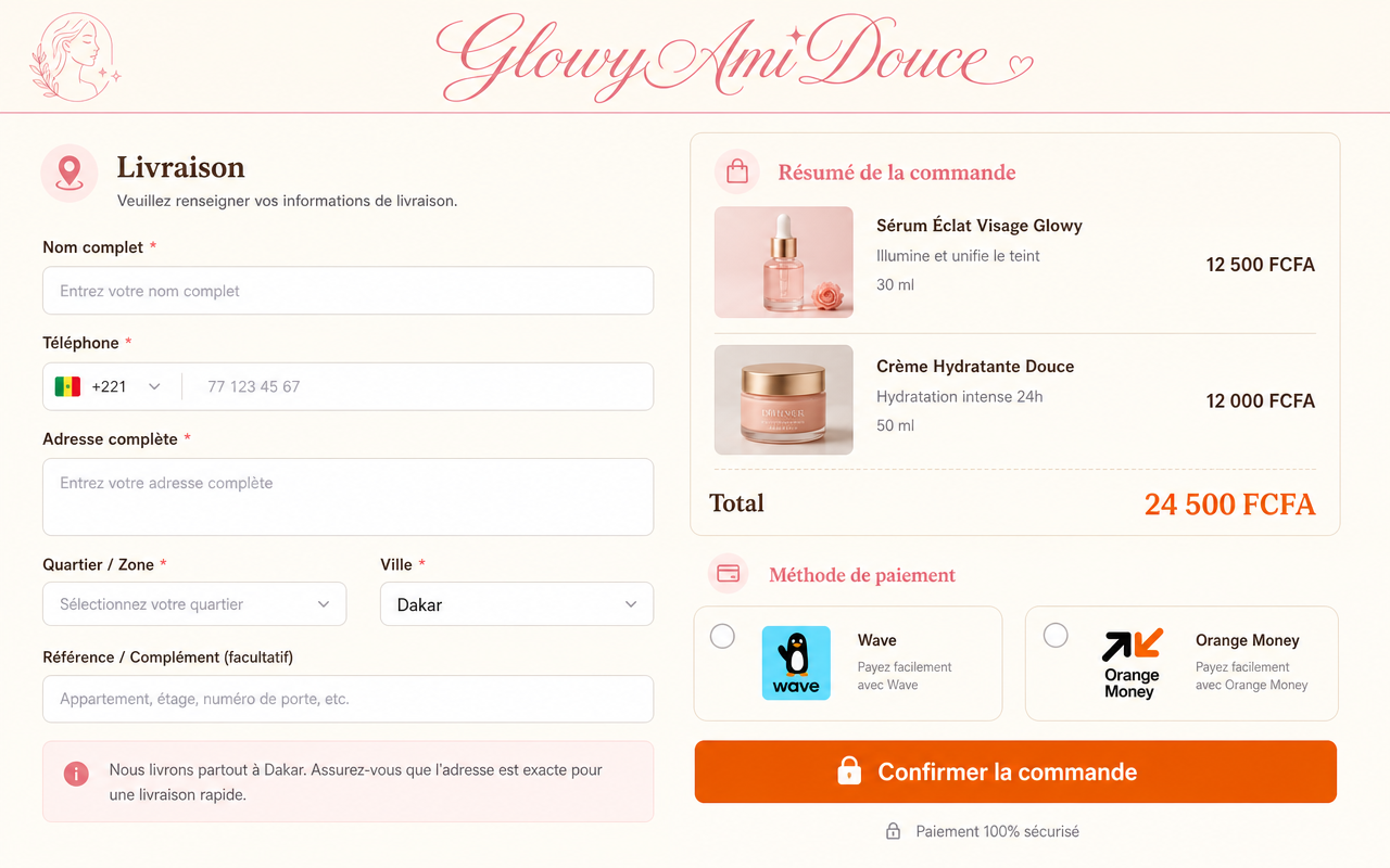 GlowyAmiDouce — page de commande avec formulaire de livraison et résumé du panier