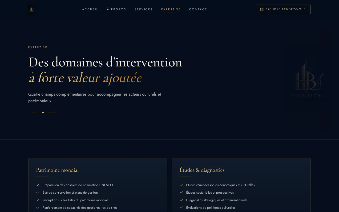 HB Consulting — page Expertise avec les domaines d'intervention du cabinet